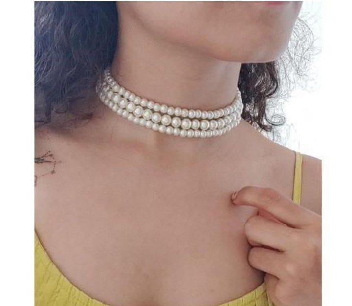 White Pearls Golden Three Unequal Layer Choker Necklace