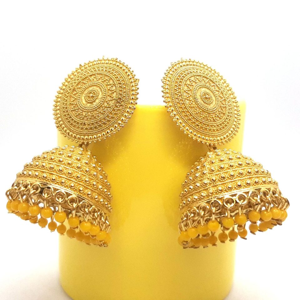 Yellow Traditional Golden Pearldrop Designer Jhumka Earrings