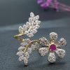 AD Double Finger Purple Flower Crystal Ring for Women