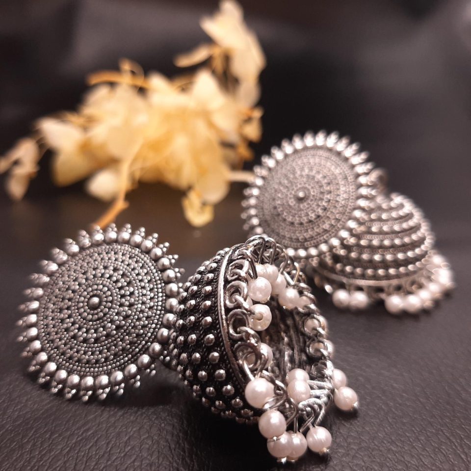 Oxidised Pearldrop Designer Jhumka Earrrings