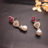 AD Long Flower Heart Pearl Long Earrings for Women