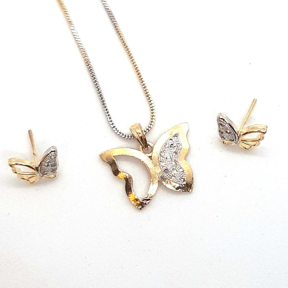 AD Golden Butterfly Crystal Pendant with Earrings