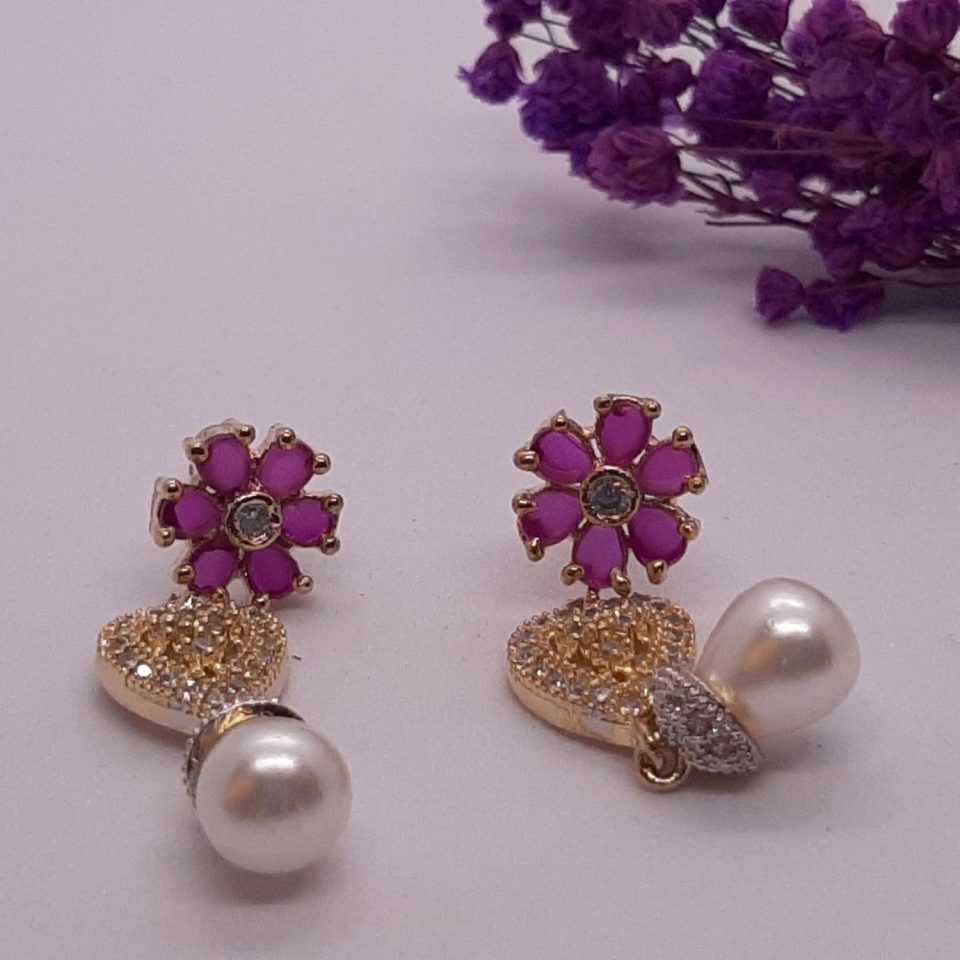 AD Long Flower Heart Pearl Long Earrings for Women