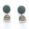 Green Traditional Golden Pearldrop Gemstone Jhumka Earrings