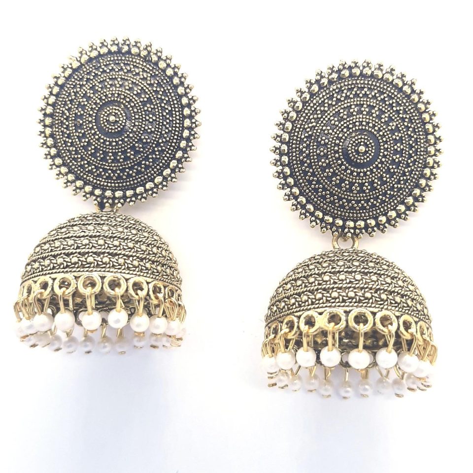 Oxidised Golden Pearldrop Designer Jhumka Earrrings