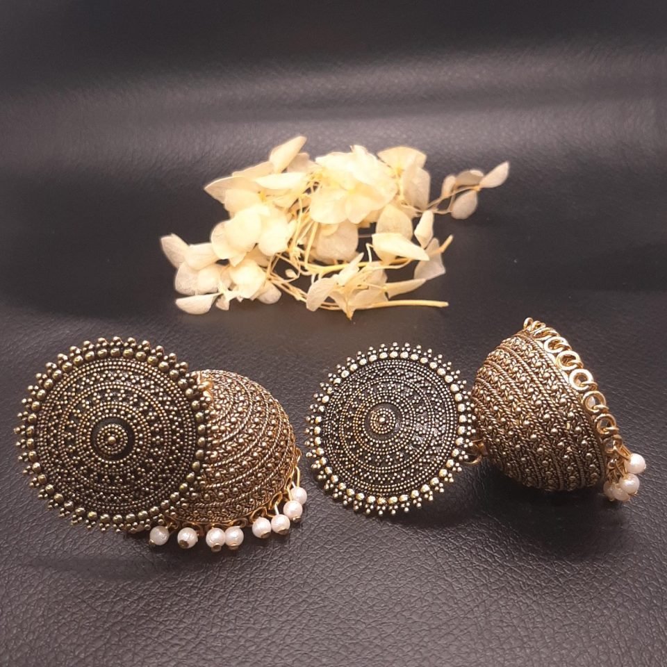 Oxidised Golden Pearldrop Designer Jhumka Earrrings