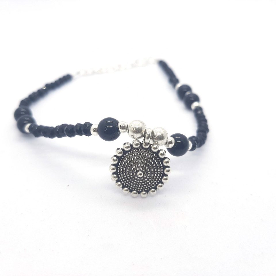 Oxidised Designer Traditional Anklet with Black Pearls