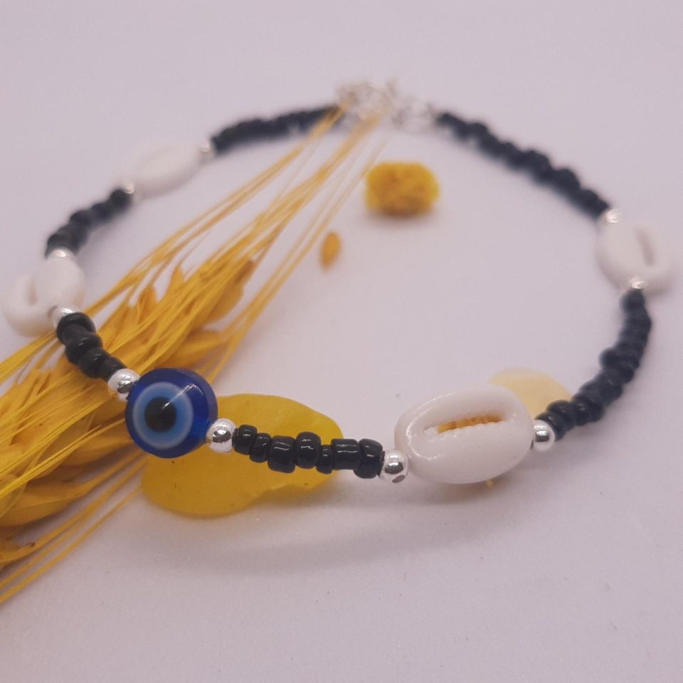 Black Pearl Anklet with Evil Eye and Conch