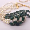 Green Beads Long Necklace with White Pearls Three Layer