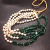 Green Beads Long Necklace with White Pearls Three Layer