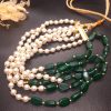 Green Beads Long Necklace with White Pearls Three Layer