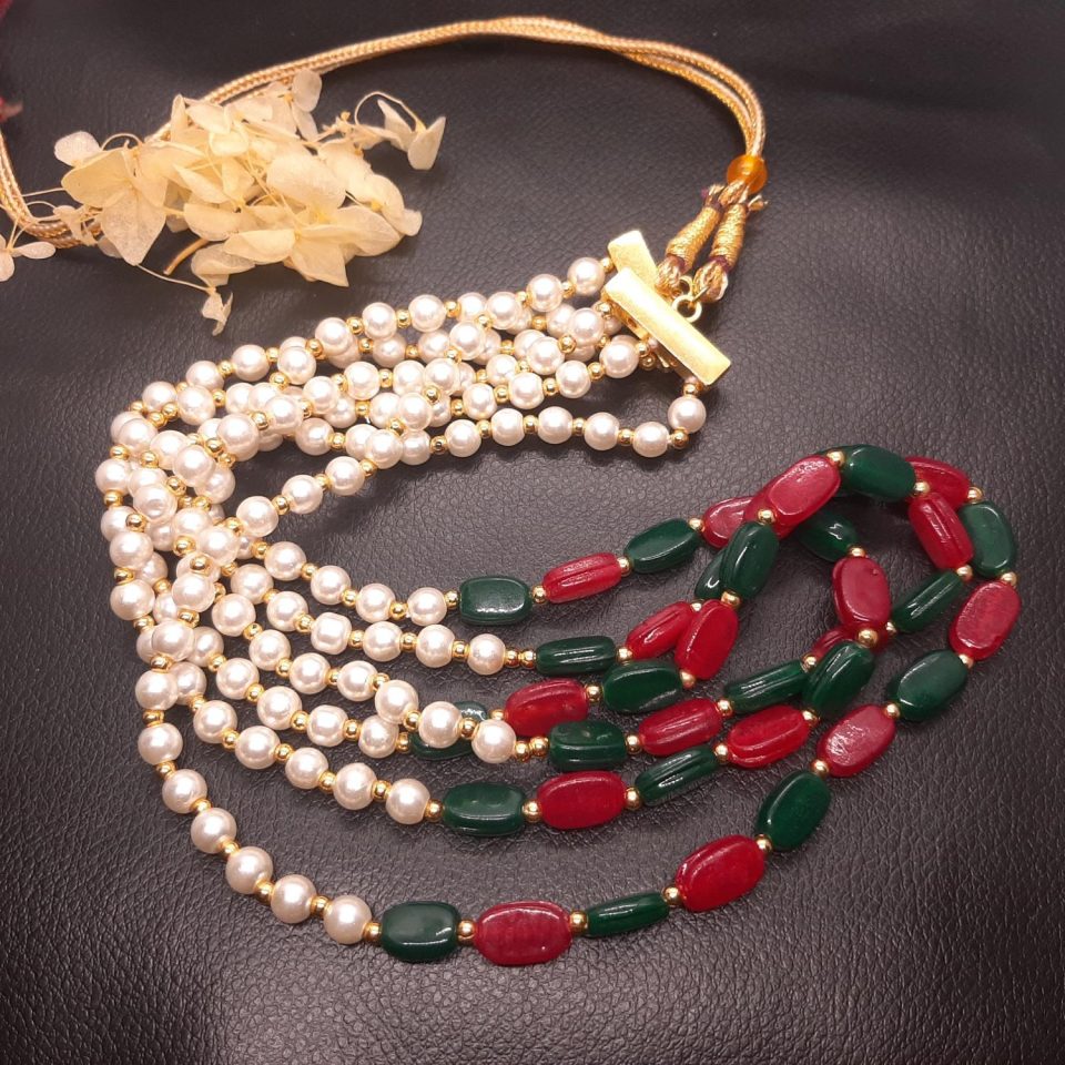 Colorful Beads Long Necklace with White Pearls Three Layer