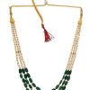 Green Beads Long Necklace with White Pearls Three Layer