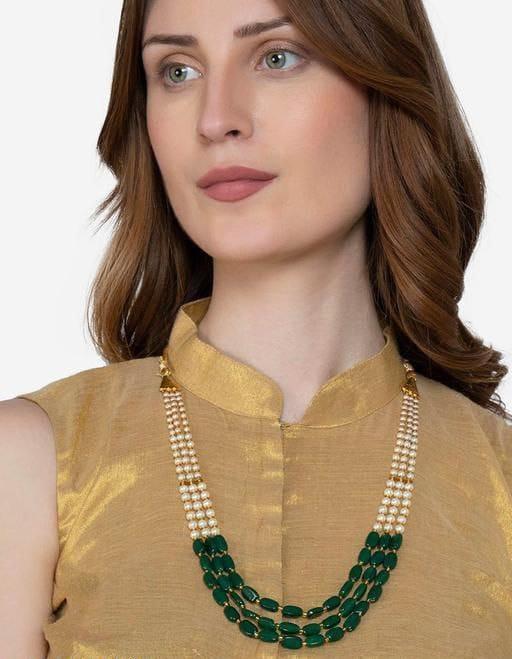 Green Beads Long Necklace with White Pearls Three Layer