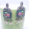 Square Stud Designer Green Painted Earrings with Dangling Pearls