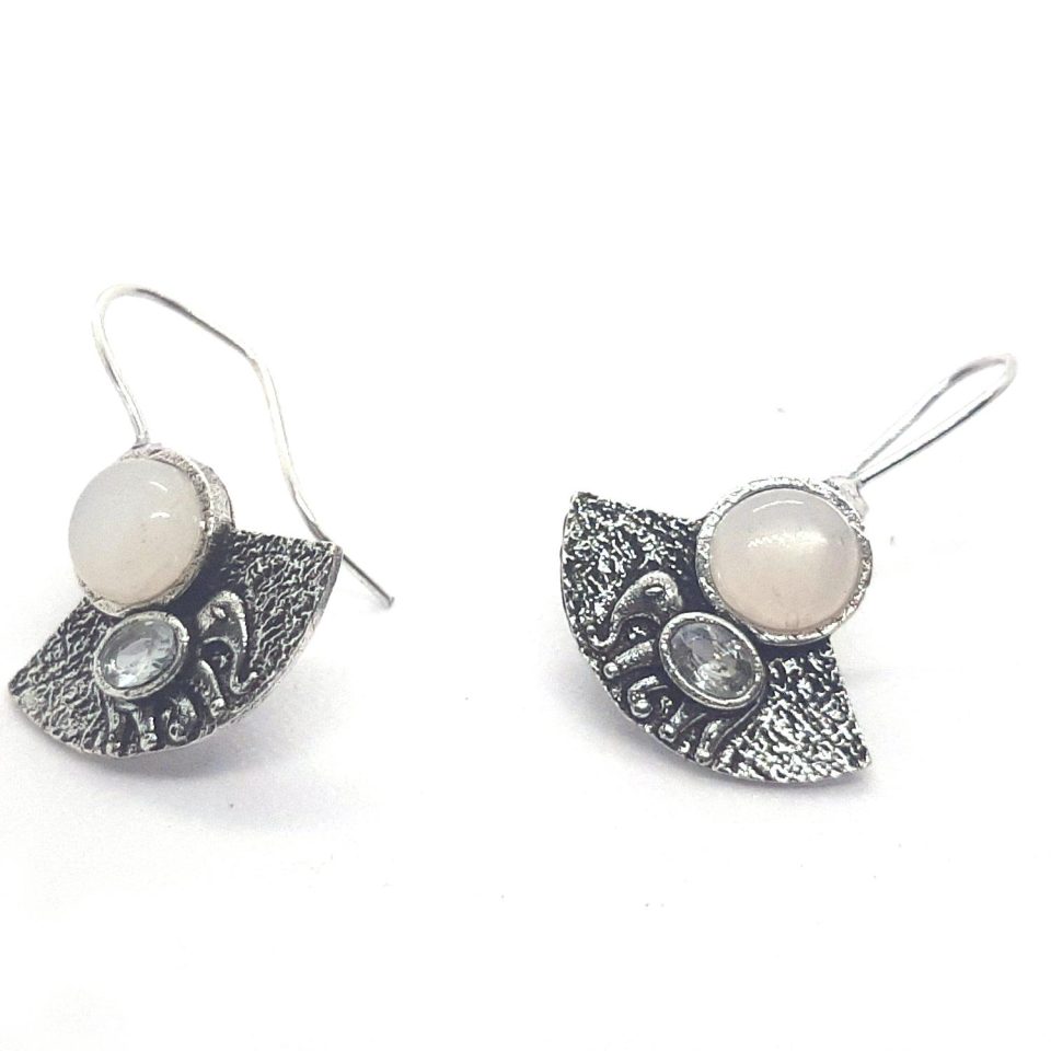 Silver Tone Oxidised Metal Antique Stud Earrings - White Monalisa Stone and Elephant