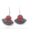 Silver Tone Oxidised Metal Antique Stud Earrings – Red Monalisa Stone and Elephant