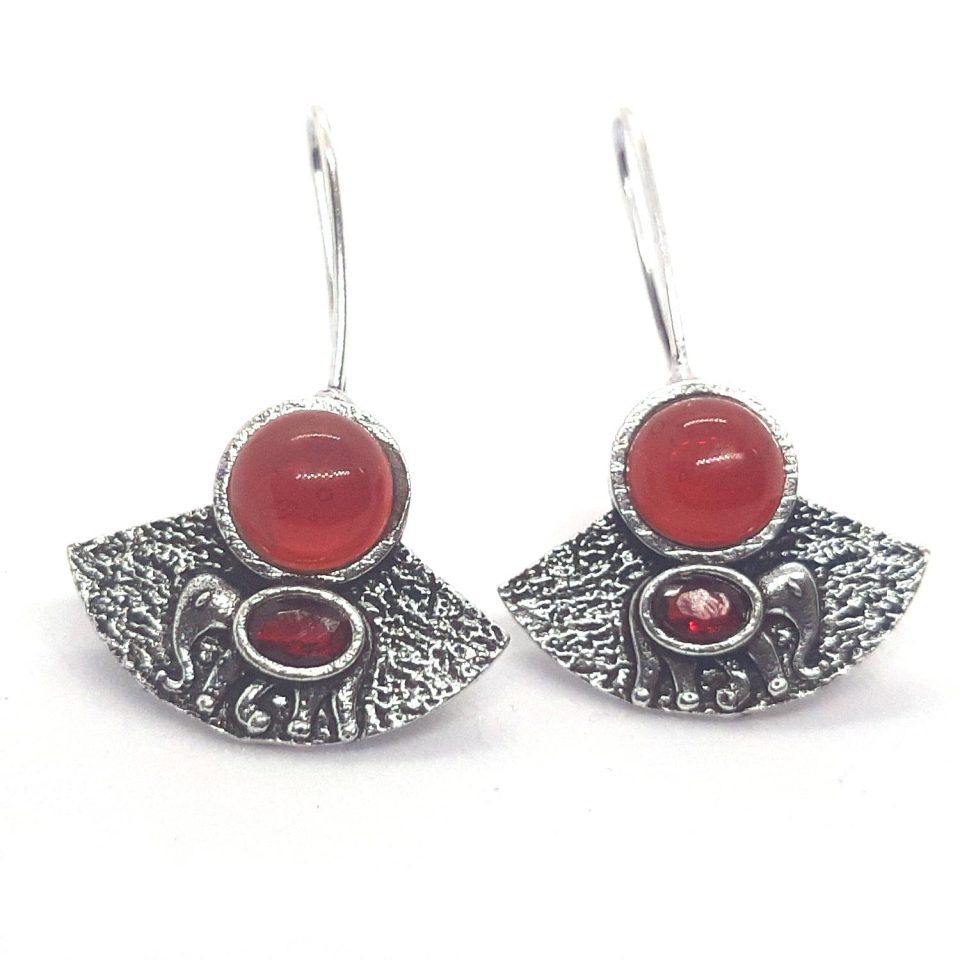 Silver Tone Oxidised Metal Antique Stud Earrings - Red Monalisa Stone and Elephant