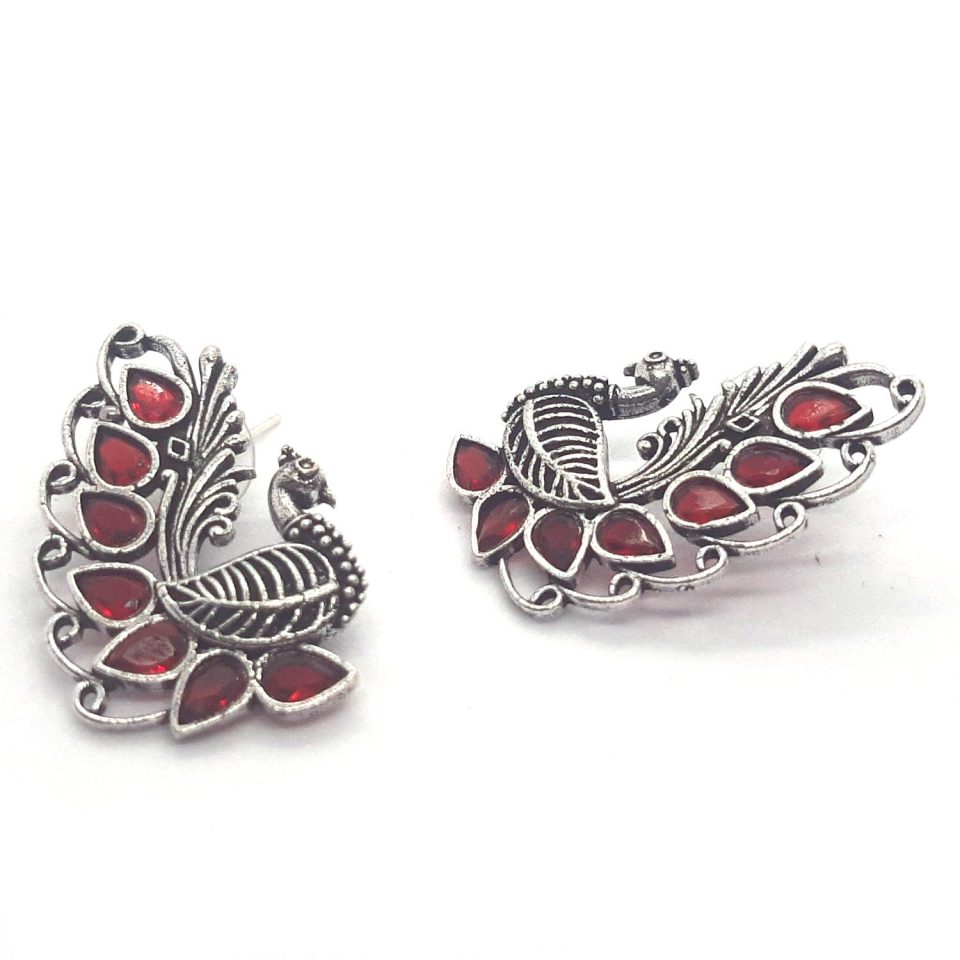 Oxidized Studded Peacock Earrings - Red