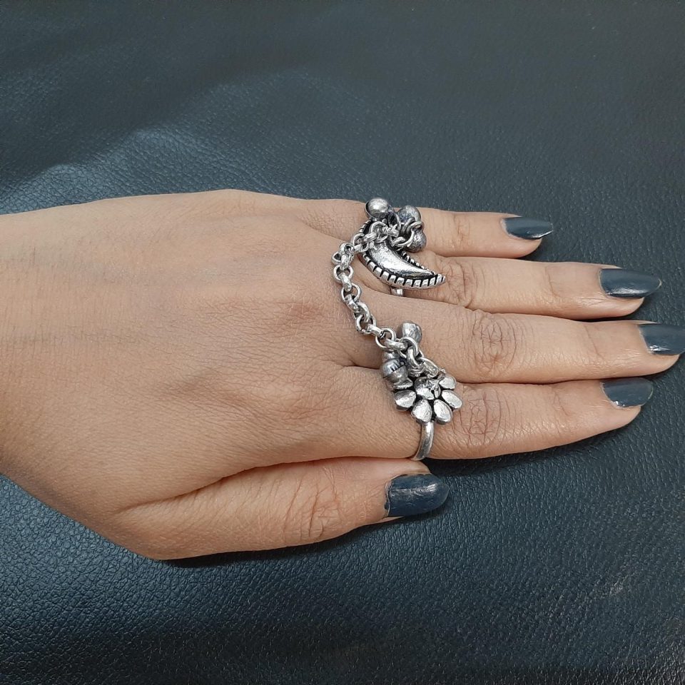 Oxidised Silver Tone Adjustable Half Moon and Flower Ring