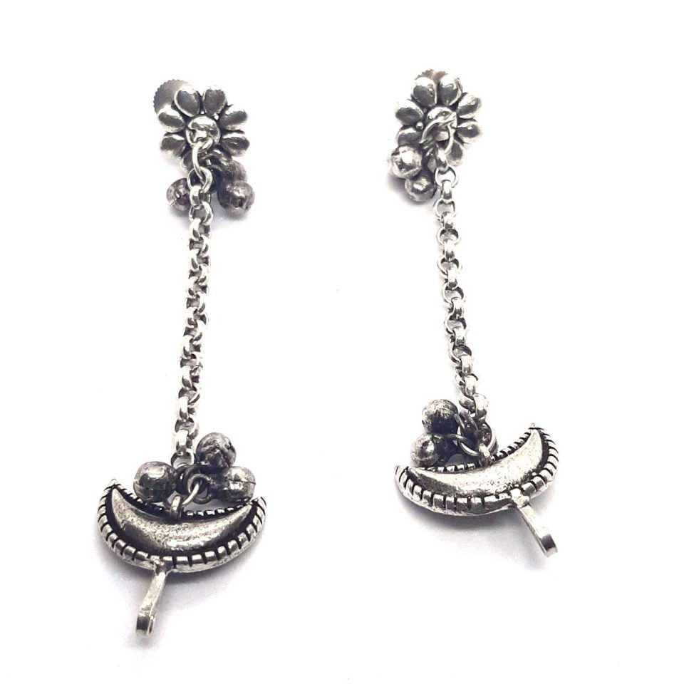 Oxidized Silver Moon and Flower Earrings with Chain