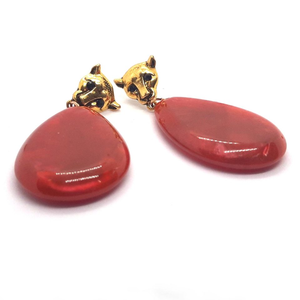 Red Acrylic Dangling Earrings with Golden Panther Head