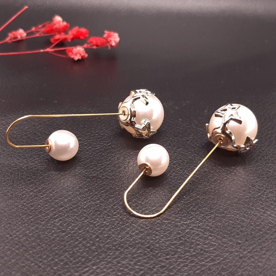 Front and Back Double Pearl Earrings - White and Golden