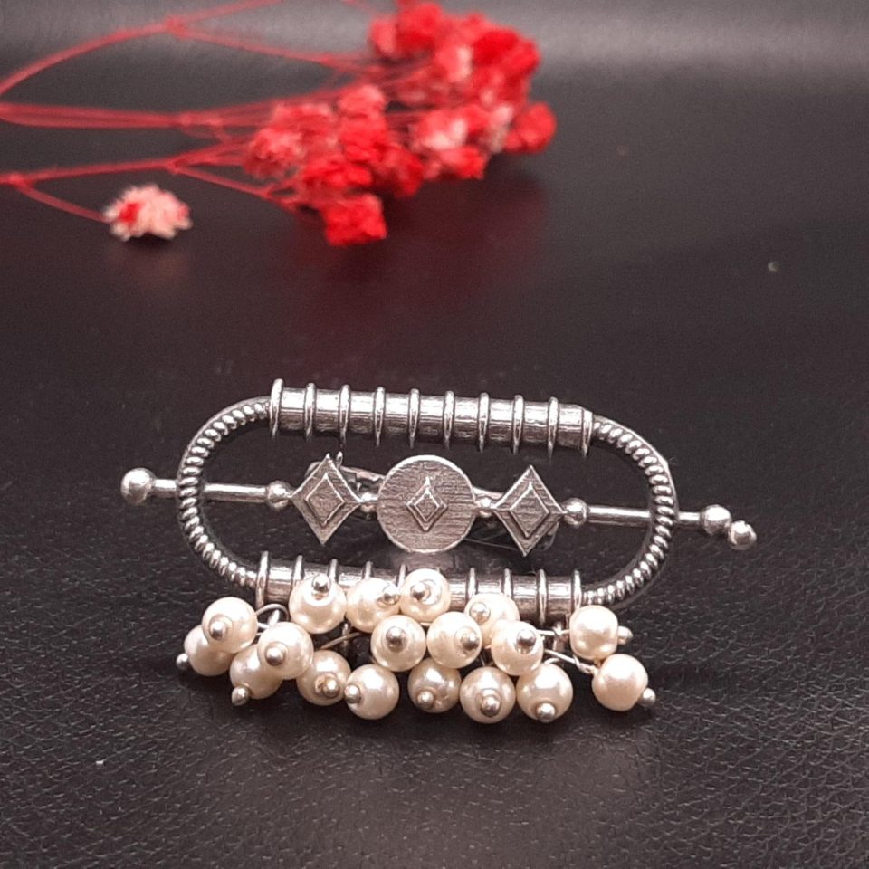 Oxidized Silver Tone Adjustable Designer Ring with Pearls Cluster