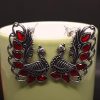 Oxidized Studded Peacock Earrings – Red