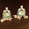 Square Stud Designer Green Painted Earrings with Dangling Pearls