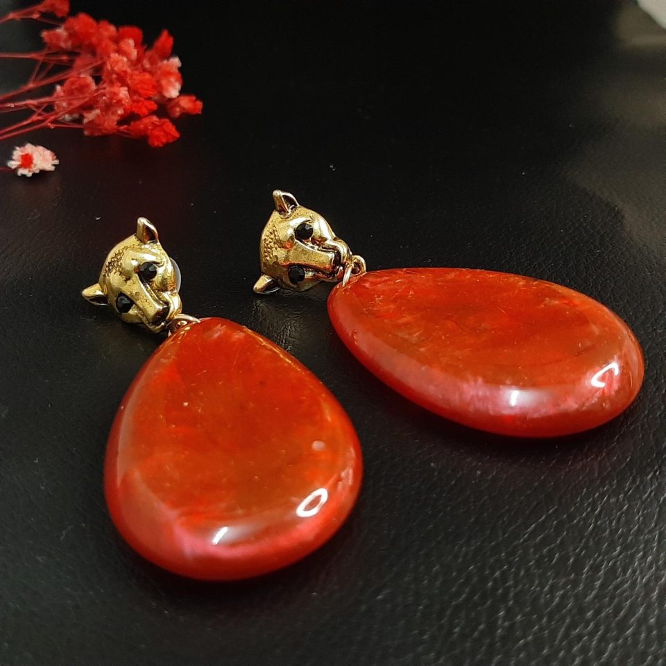 Red Acrylic Dangling Earrings with Golden Panther Head