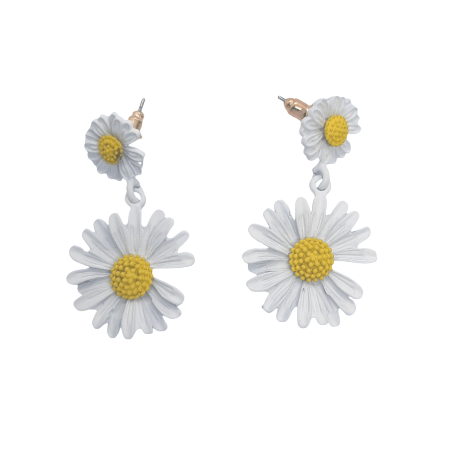 White Floral Earrings Daisy Drop Dangler Polymer Clay Earrings