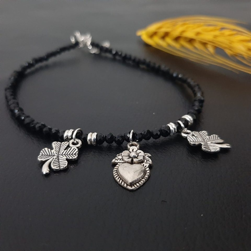 black beads metal flowers charm anklet