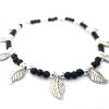 Black Beads Anklet with Leaf Charms