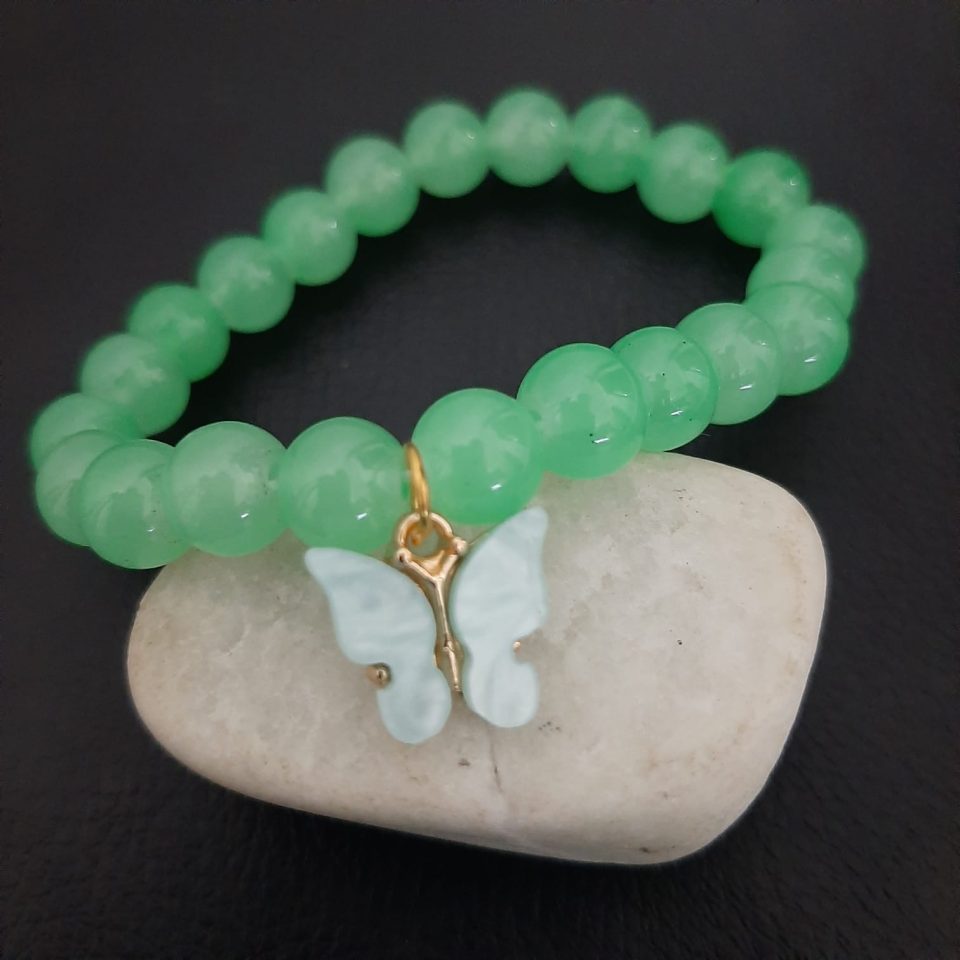 green beads bracelet with butterfly charm