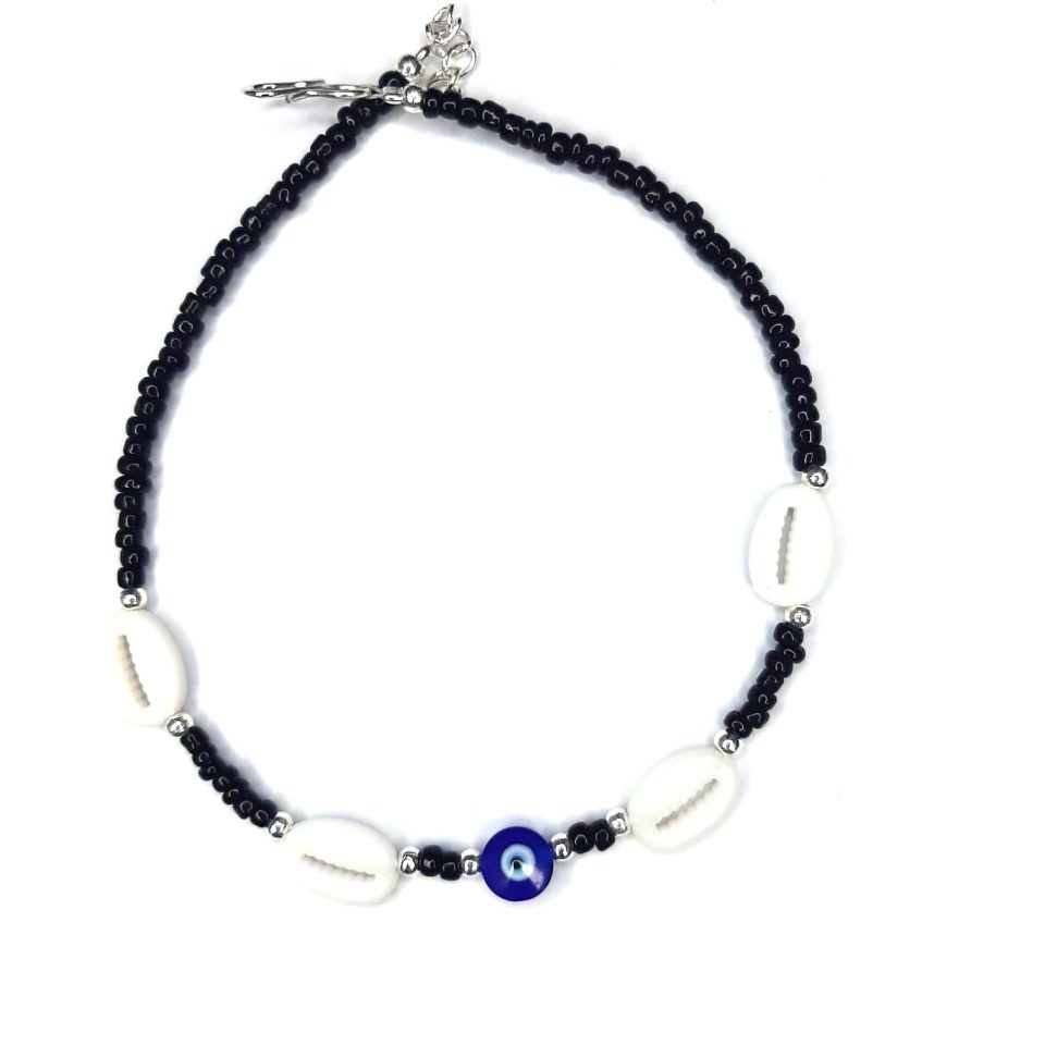 Evil Eye Anklet with Black Beads and Kaudi Shells